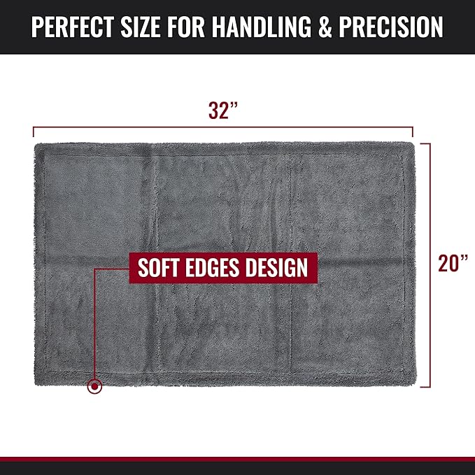 Car Drying Towel - The Finisher Microfiber Towel, 80/20 Blend, Water Absorbent and Scratch-Free Cleaning Cloths with a Hidden Edge, Dries Quickly and Efficiently (20''x32'')