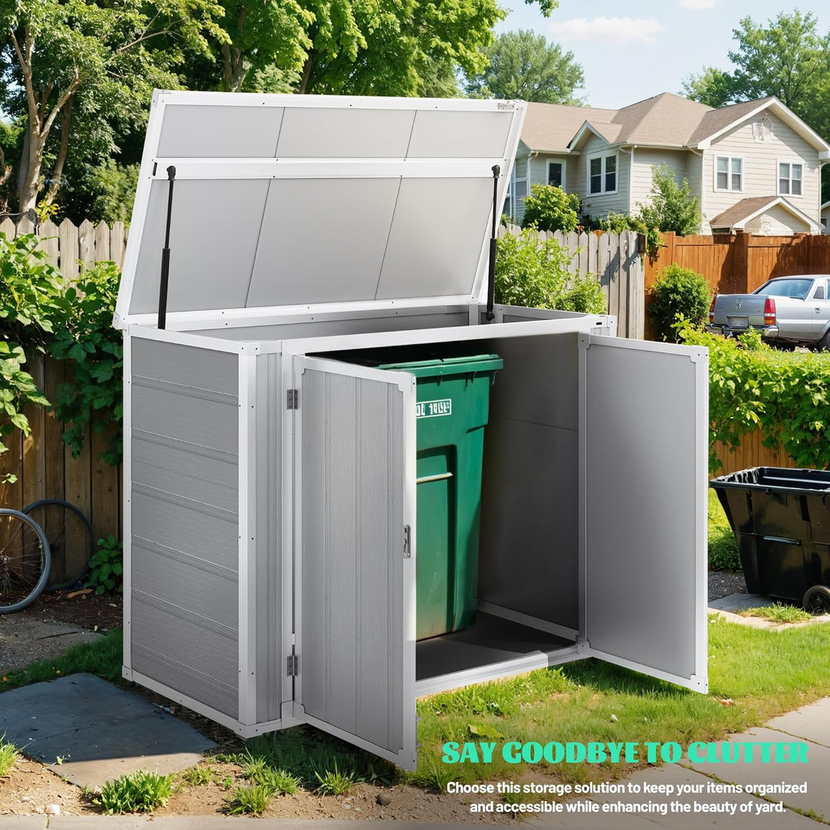 41 Cu.Ft Resin Shed with Floor, 4.7x2.5 FT Outdoor Horizontal Storage Shed for Trash Cans and Garden Tools, Waterproof Outdoor Plastic Shed for Lawn Mower, Pool Toys, Bicycle (Gray)