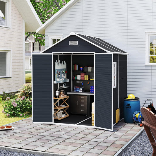 MyVoice 6x6 FT Outdoor Resin Storage Shed with HD Window, Rustproof Waterproof Garden Tool Shed, 12mm Thickened PP Panels, Large Capacity Outdoor Utility House for Backyard Patio (with Floor)