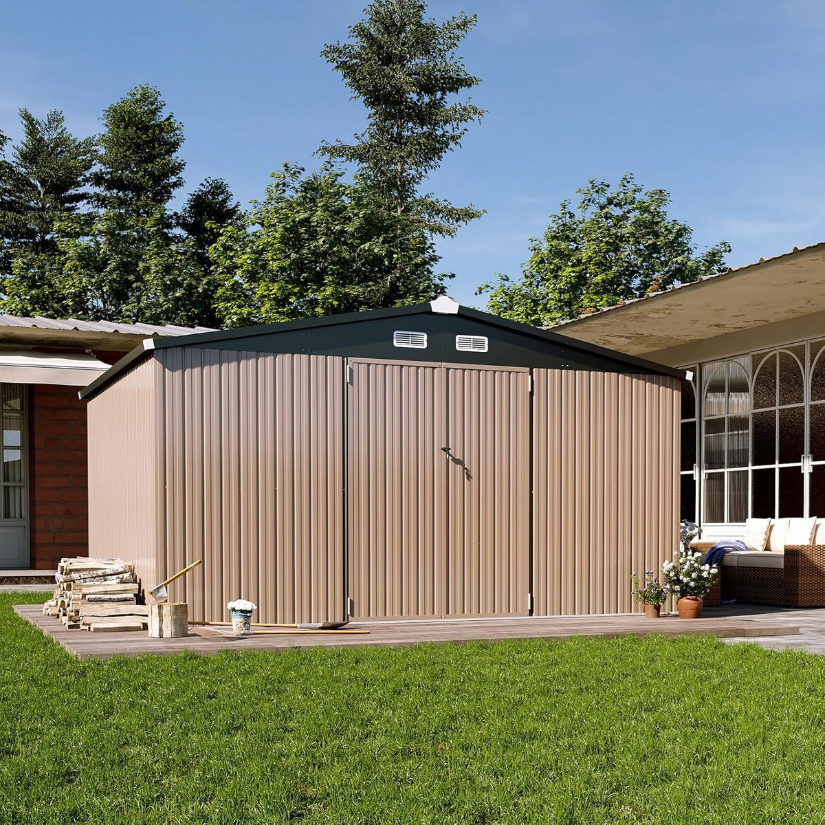 Aoxun 12x10 FT Shed Outdoor Storage Shed with Spacious Doors, Large Shed Steel Utility Tool Shed Storage House with Door & Lock, Metal Sheds with Sloped Roof for Garden Patio Lawn Poolside, Brown