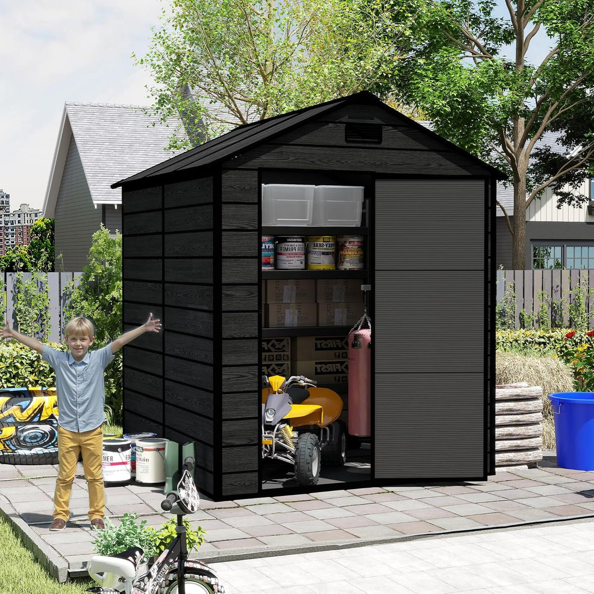 6x6 ft Outdoor Storage Shed,Garden Shed W/Window,Resin Storage Shed W/Air Vent & Lockable Door,Weatherproof Tool House W/Sloped Roof,for Backyard Patio Lawn,Black