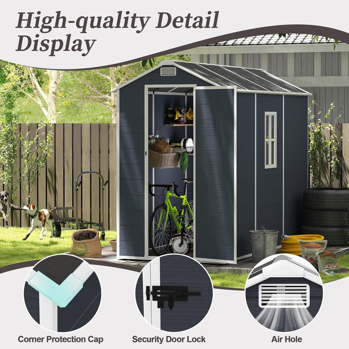 MyVoice 8x4 FT Outdoor Resin Storage Shed with HD Window, Rustproof Waterproof Garden Tool Shed, 12mm Thickened PP Panels, Large Capacity Outdoor Utility House for Backyard Patio (with Floor)