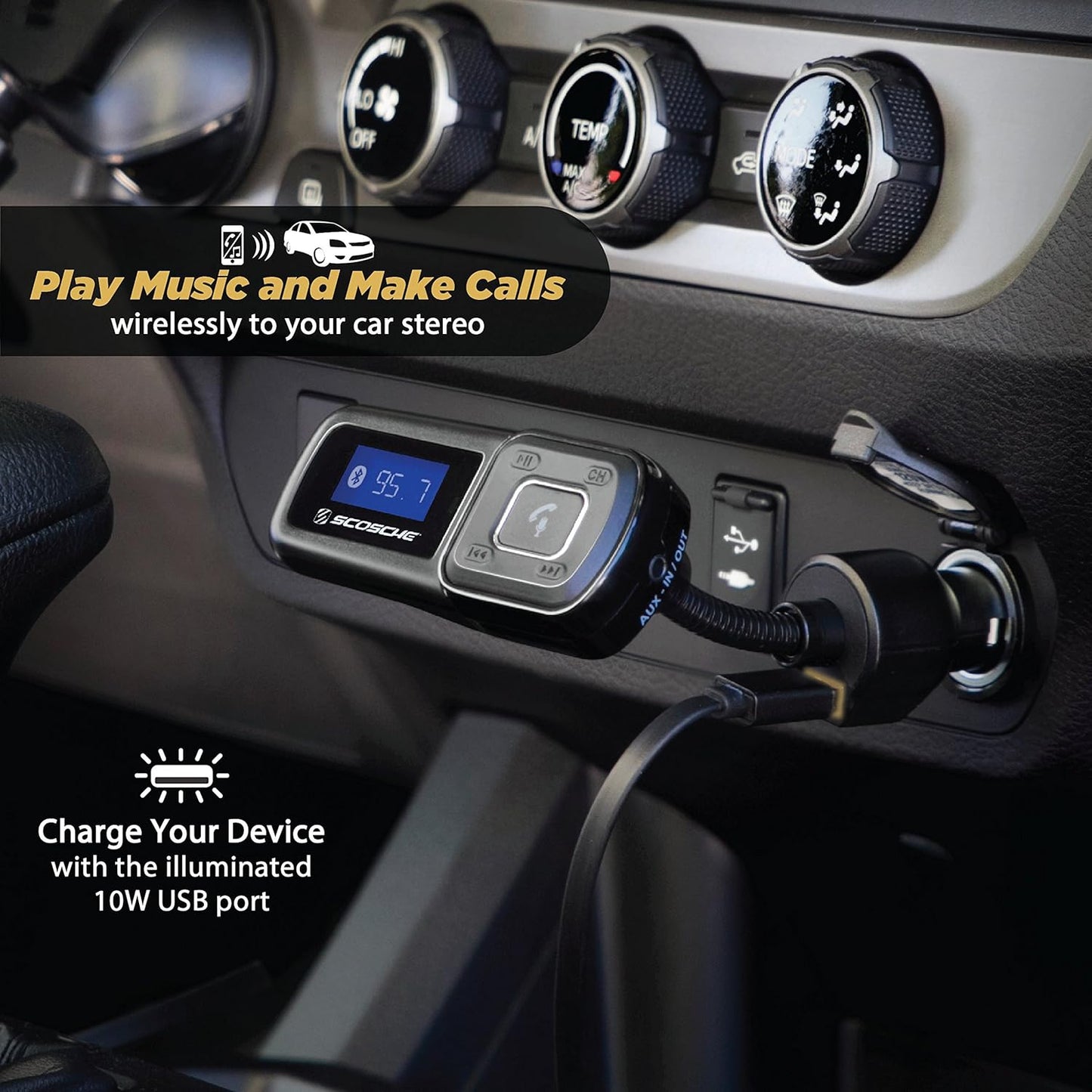 Scosche BTFM2A BTFREQ Universal Bluetooth Hands-Free Car Kit with Digital FM Transmitter and 10-Watt USB Car Charger, Stream Smartphone Audio