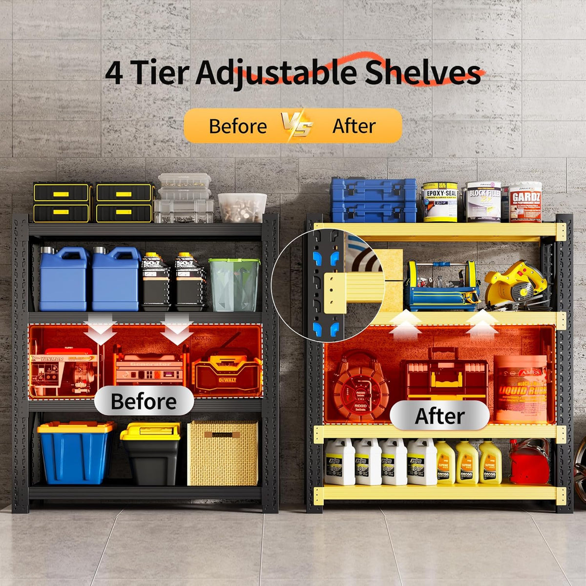Garage Shelving Unit, 4 Tier Heavy Duty Racks, Easy Assembly, Metal Racks with Adjustable Shelves, 3000 LBS Load Capacity,for Warehouse,Basement (Black, 19.7" D x 47.2" W x 78.7" H)