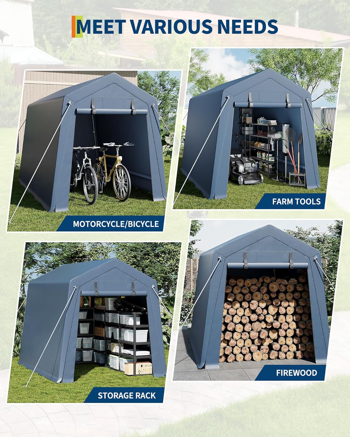 7*12F Outdoor Storage Shed with Floor, Heavy Duty Waterproof PE Tarp, Portable Metal Carport Garage Tent, 2 Roll-Up Doors & Vents, for Motorcycle and Bike Storage, Garden Tool Shed, Small Outdoor Shed