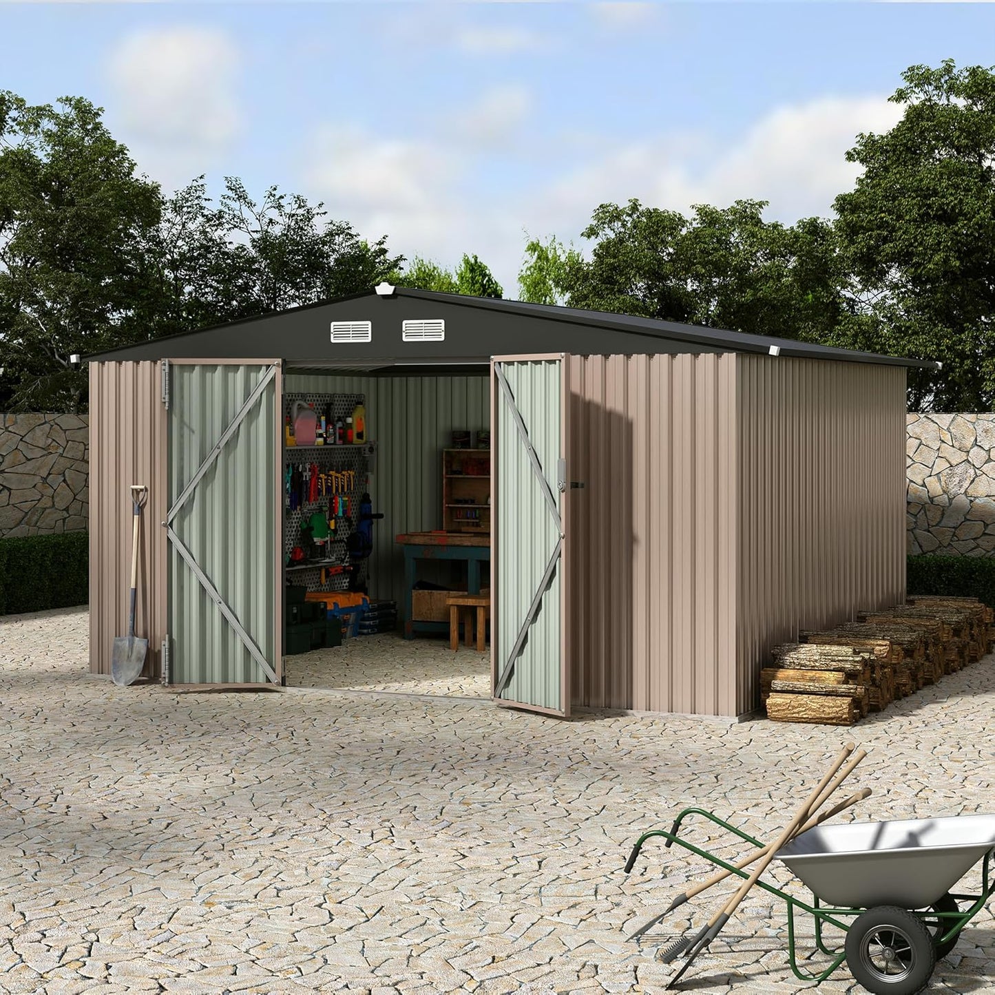 10X12FT Outdoor Metal Storage Shed, Lockable Weatherproof Garden Shed for Tools & Equipment, Durable Galvanized Steel with Sloping Roof & Ventilation, Ideal for Backyard, Patio & Garage Storage, Brown