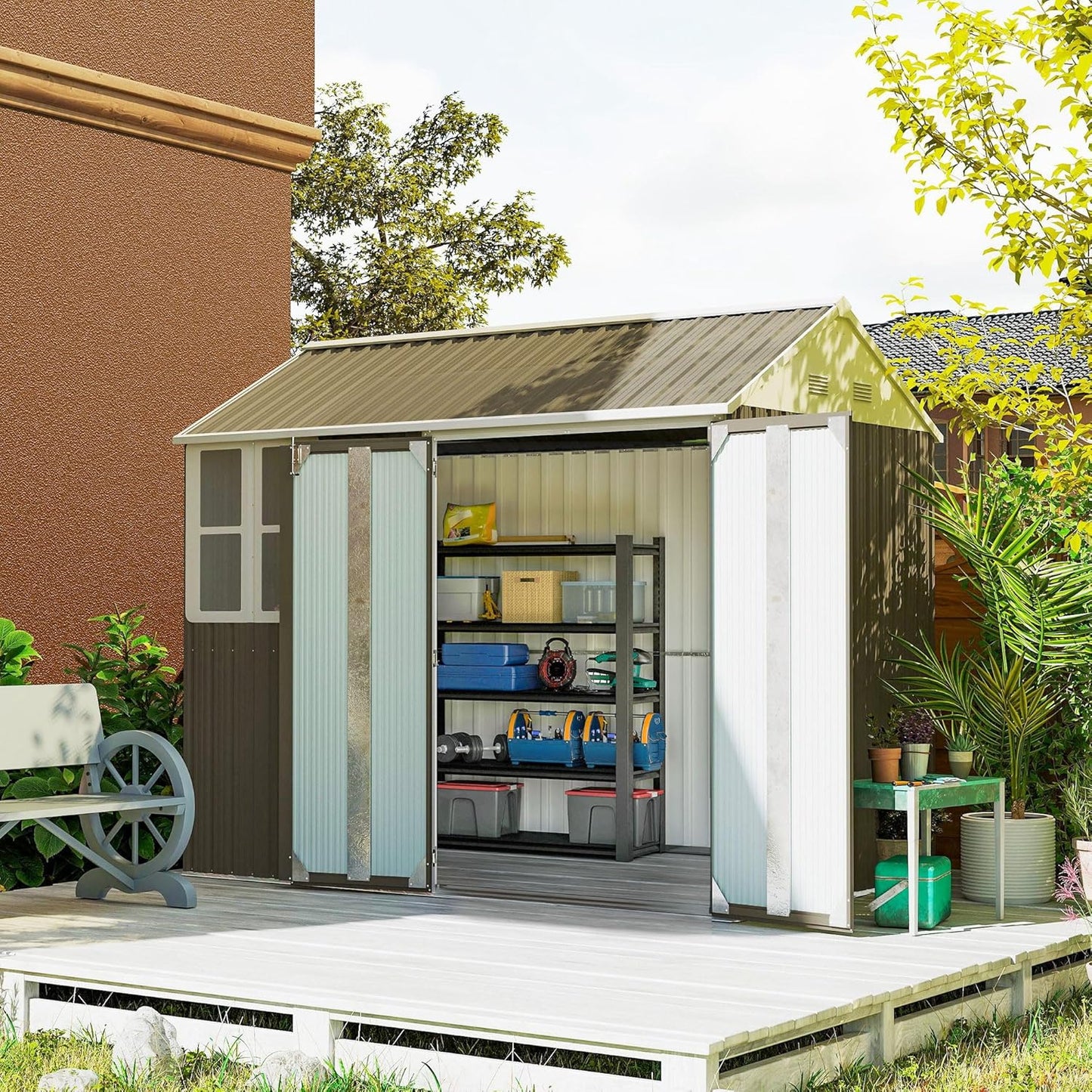 Outsunny 8' x 5.5' Outdoor Storage Shed, Metal Garden Shed with Window & Double Lockable Door, Outdoor Tool Shed Storage with Sloped Roof for Backyard, Patio, Garage, Lawn, Gray