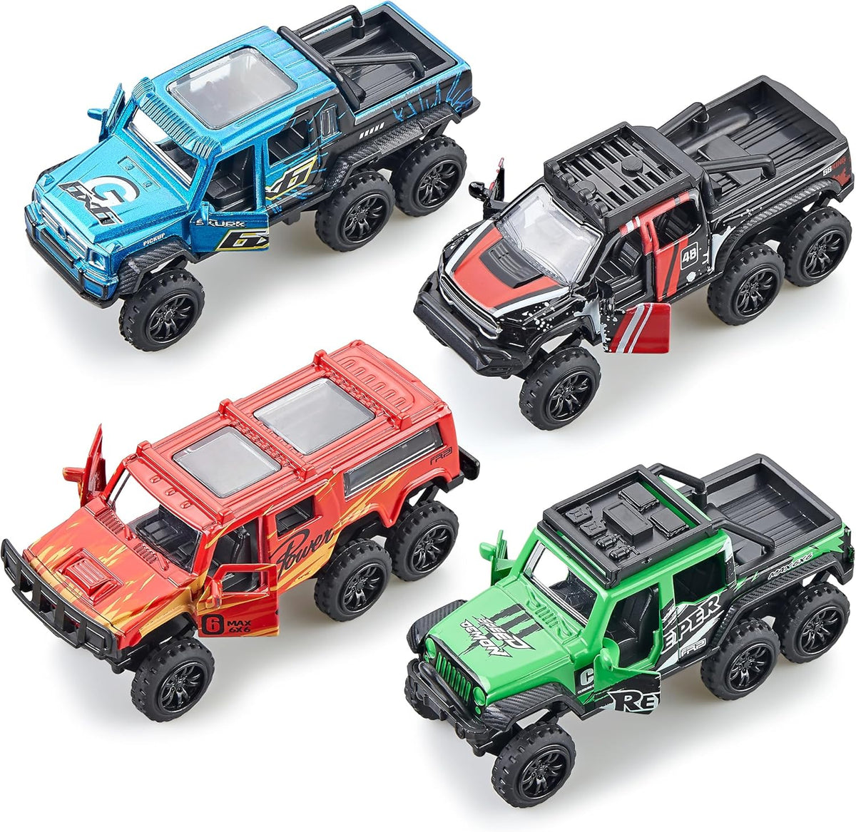 KIDAMI Diecast Toy Trucks 4 Pack Die Cast Metal Toy Cars Pull Back Cars Openable Doors Off-Road Vehicles Birthday Gift for Boys and Toddlers (Colorful)