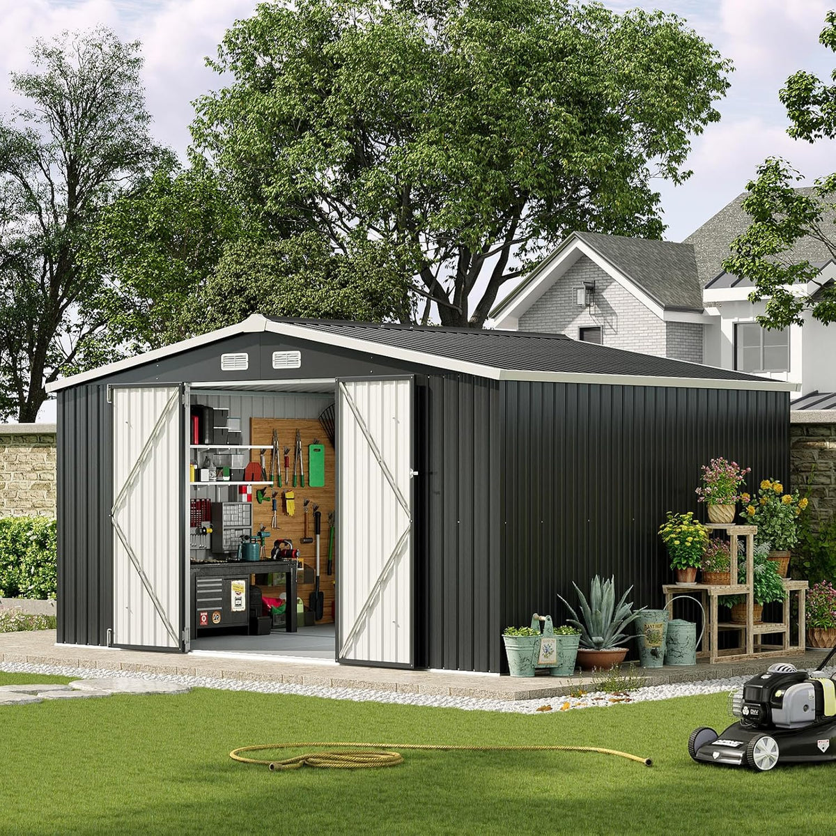 Aoxun 12x10 FT Shed Metal Outdoor Waterproof Storage Shed Steel Utility Garden Tool Shed with Door & Lock Outdoor Storage for Garden Patio Lawn Poolside, Black