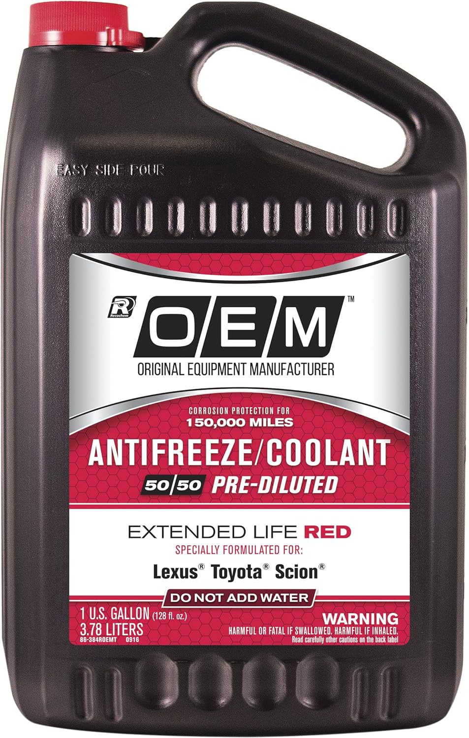 OEM Recochem Asian Vehicles Premium Antifreeze 50/50 Extended Life Coolant RED, 1 Gallon, 4 Pack