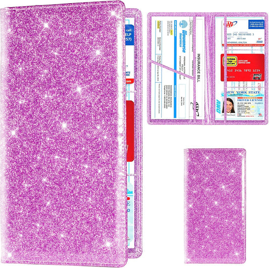 TOURSUIT Car Registration and Insurance Card Holder, Vehicle License Document Glove Box Compartment Organizer, Interior Car Accessories for Women Men Teens (Glitter Purple)