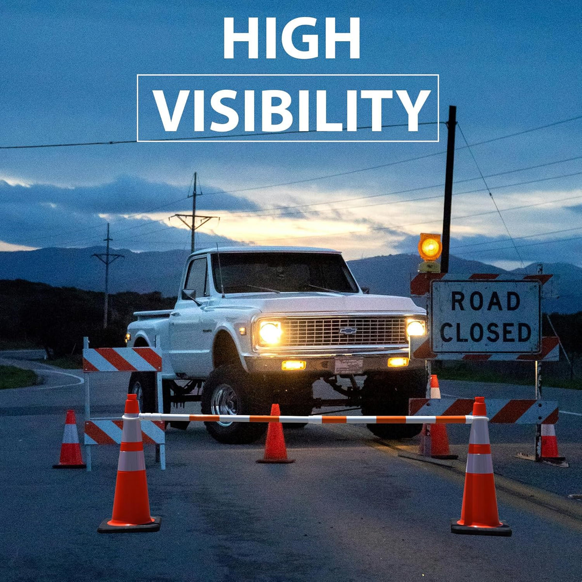 8-Pack Retractable Traffic Safety Cone Bar - 4Ft to 8.8Ft Expandable - PVC Extendable Barricade with Reflective Strips - for Road Construction, Parking-Cone Not Included