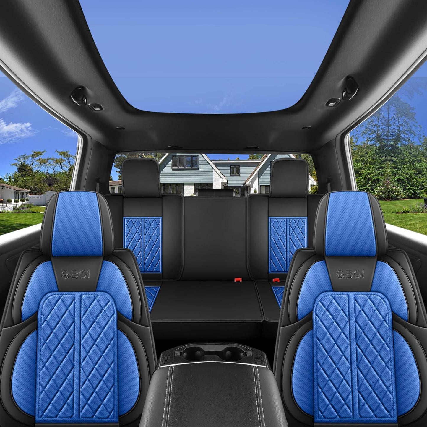 Car Seat Cover Custom Fit for Dodge Ram 1500 2500 3500 2002-2024 Faux Leather Seat Cover Set Compatible with Crew Quad Regular Cab Pickup Truck Cushions (Black & Blue, Front Seat)