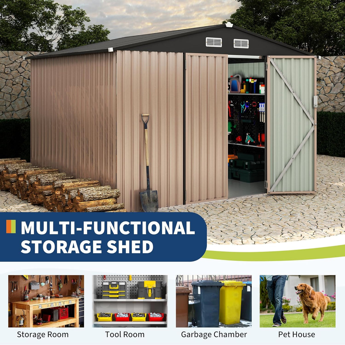 8x10x6.4 FT Outdoor Storage Sheds with Floor, Metal Garden Tool Shed for Backyard, Large Metal Sheds Outdoor Storage With Lockable Doors & Air Vents for Backyard Garden Patio Lawn