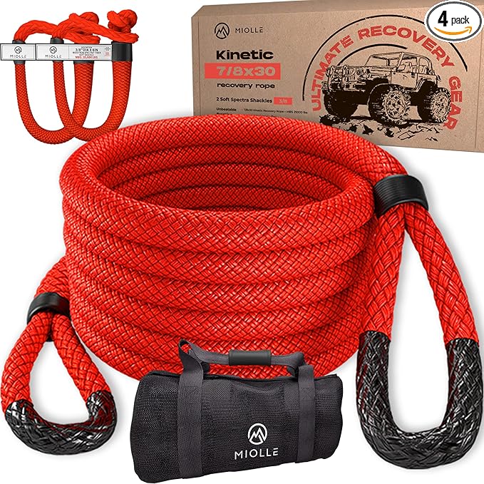 MiolleGear Kinetic Recovery Rope kit (7/8" x30', 10000lbs WLL) Heavy Duty Tow Rope - Includes 2 Soft Shackle 3/8 for UTV, ATV, Truck, Car, Jeep, Tractor