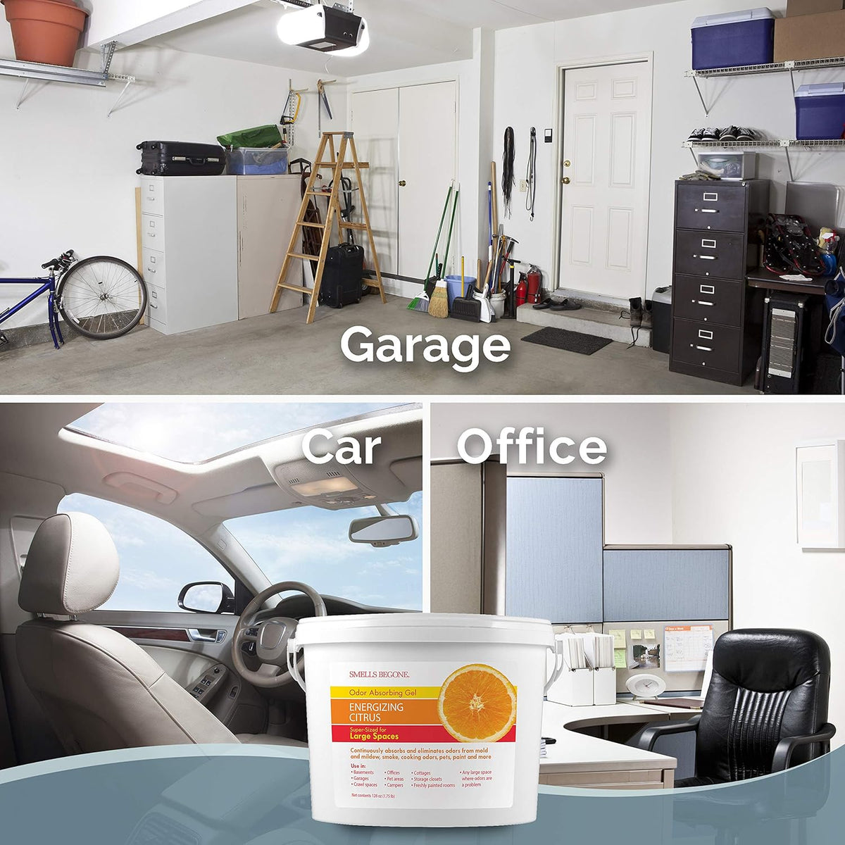 SMELLS BEGONE 1-Gallon Odor Absorber Gel - Air Freshener & Odor Eliminator for Homes, Garages & Commercial Buildings - Industrial Size - Energizing Citrus Scent