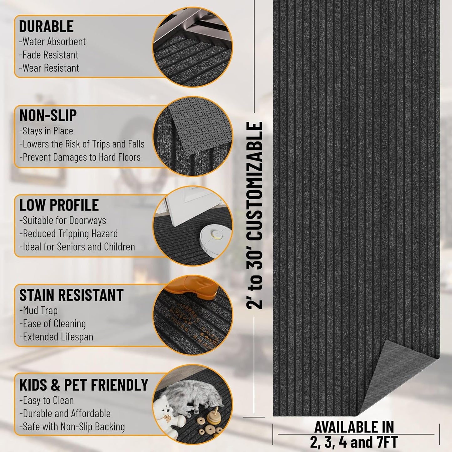 Ottomanson 2' x 51' Hallway Runner with Scraper Pile Extra Durable Non-Slip Rug Mat for Indoor & Outdoor Use - Ideal for Kitchen, Entryway, Patio & Garage - High-Traffic Carpet, Black