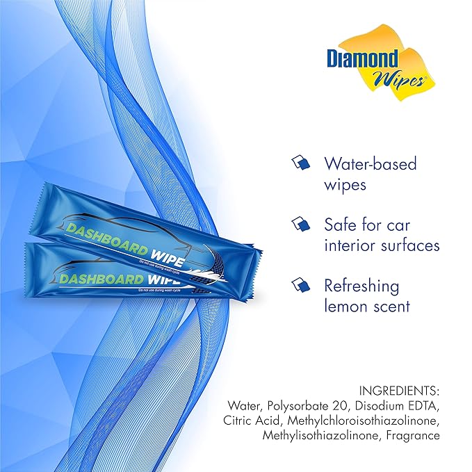 Diamond Wipes Car Wash Wipes with Refreshing Lemon Scent, Pack of 1000 Individually Wrapped Wipes, Dashboard Car Accessories Travel Essentials
