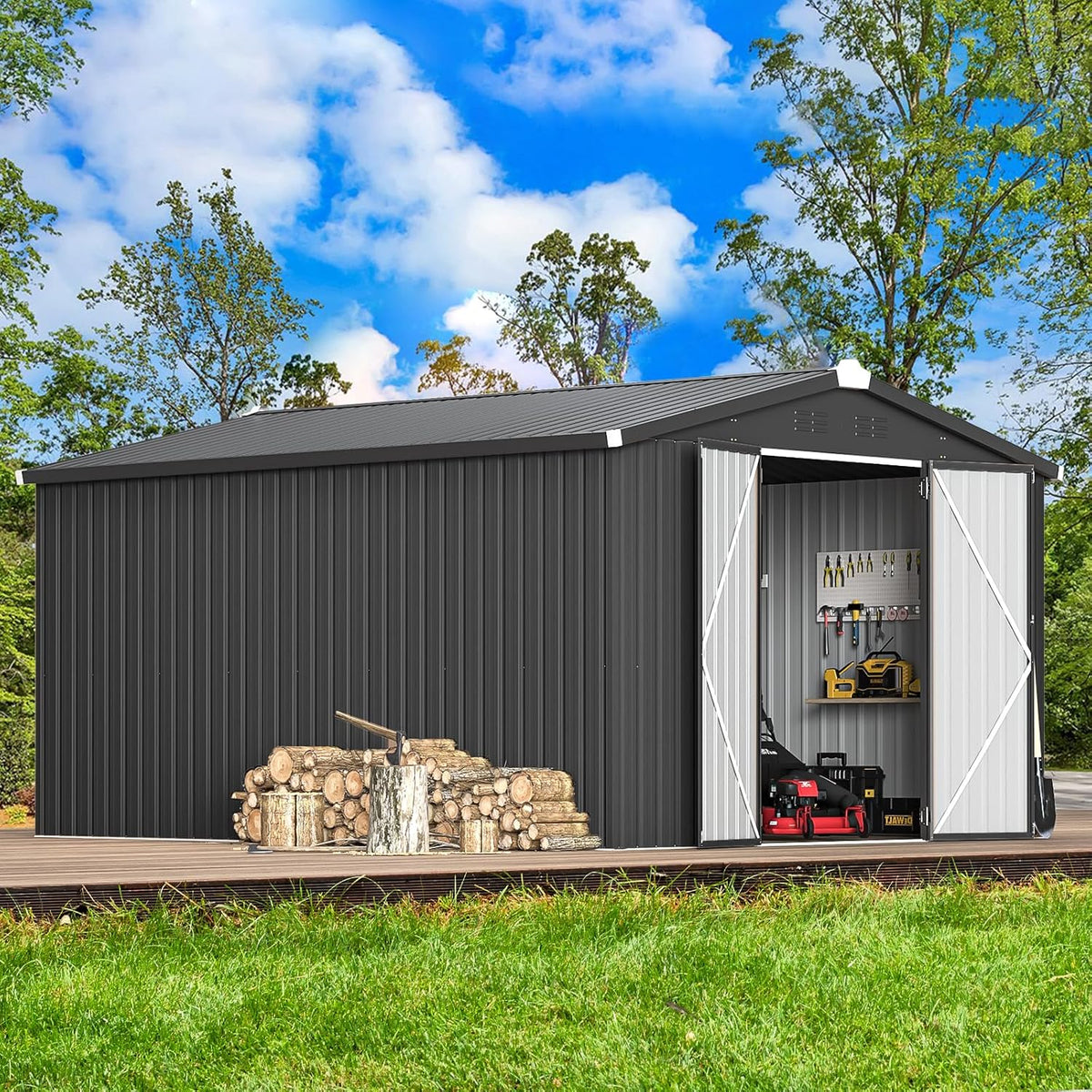 AECOJOY Shed 10' x 14' Storage Shed, Outdoor Storage Sheds & Outdoor Storage 10' x 14' with Lockable Doors, Large Steel Yard Shed, Utility and Tool Storage for Garden, Patio, Outside use in Dark Grey