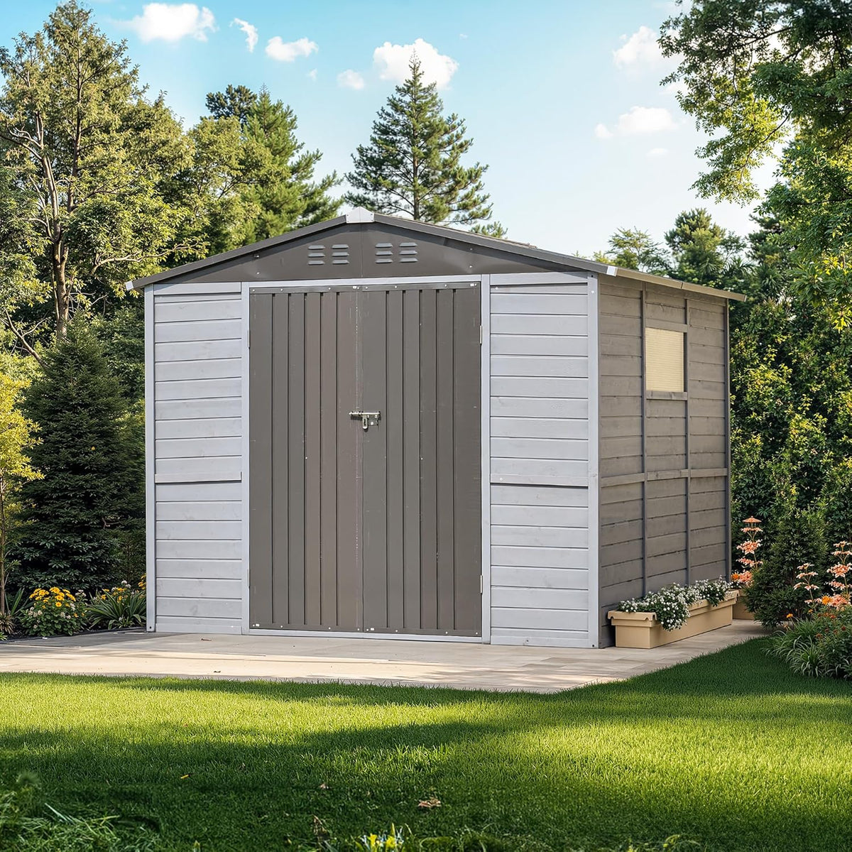 8x8 FT Outdoor Storage Shed with Windows, Wood & Metal Garden Shed, Outside Storage Shed Waterproof for Backyard, Garden, Patio, 4 Vents (Without Floor) Gray