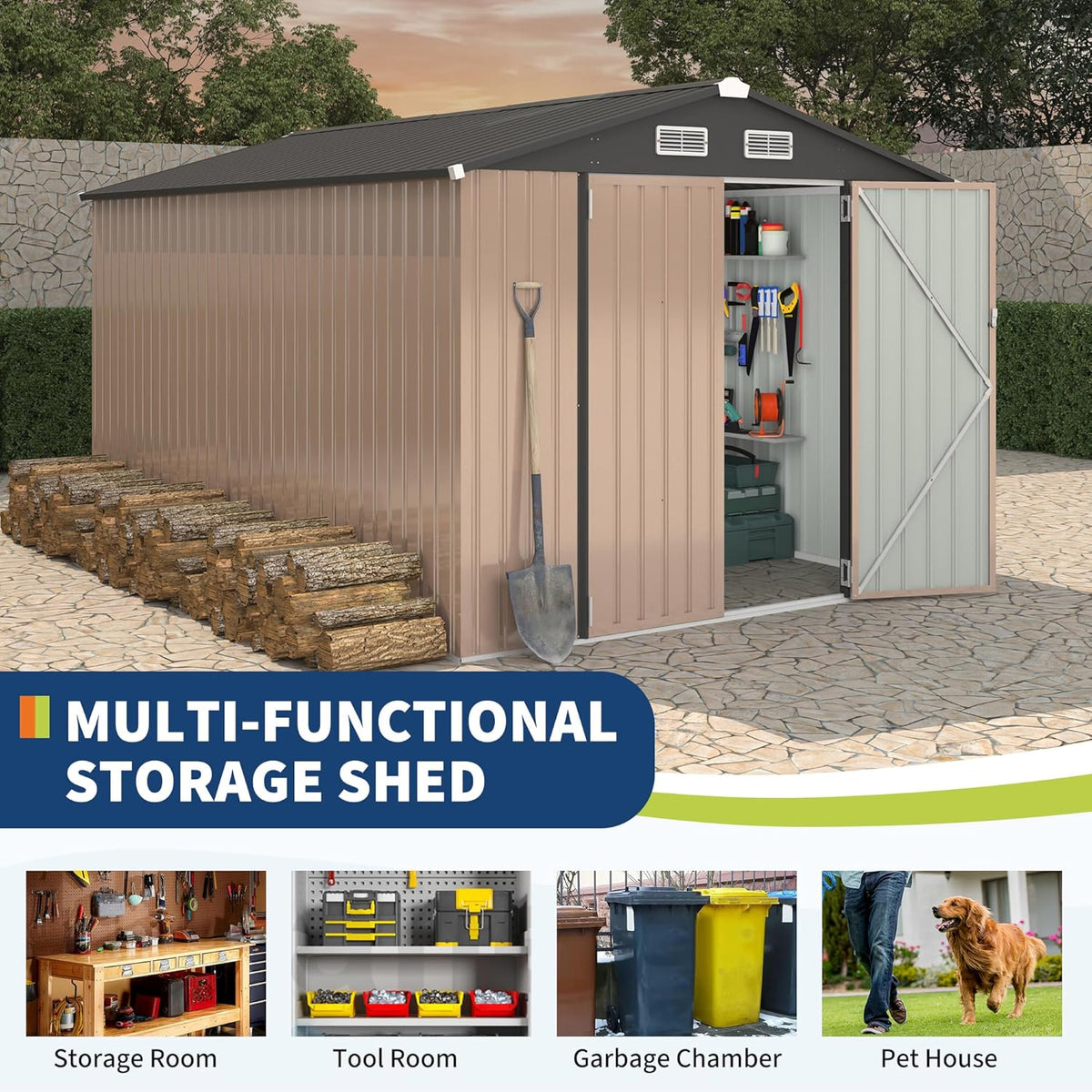 8x12x6.4 FT Outdoor Storage Sheds, Metal Garden Tool Shed for Backyard, Large Metal Sheds Outdoor Storage With Lockable Doors & Air Vents for Backyard Garden Patio Lawn