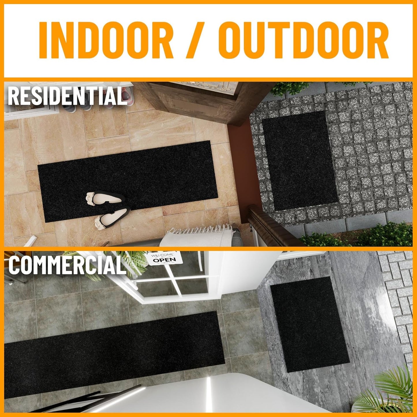 Ottomanson 2' x 25' Hallway Runner with Scraper Pile Extra Durable Non-Slip Rug Mat for Indoor & Outdoor Use - Ideal for Kitchen, Entryway, Patio & Garage - High-Traffic Carpet, Black