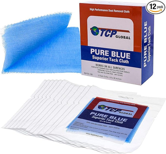TCP Global Pure Blue Superior Tack Cloth, 12-Pack, Automotive & Woodworking, Dust/Stain/Paint Rags, Tac Cloth for Autobody