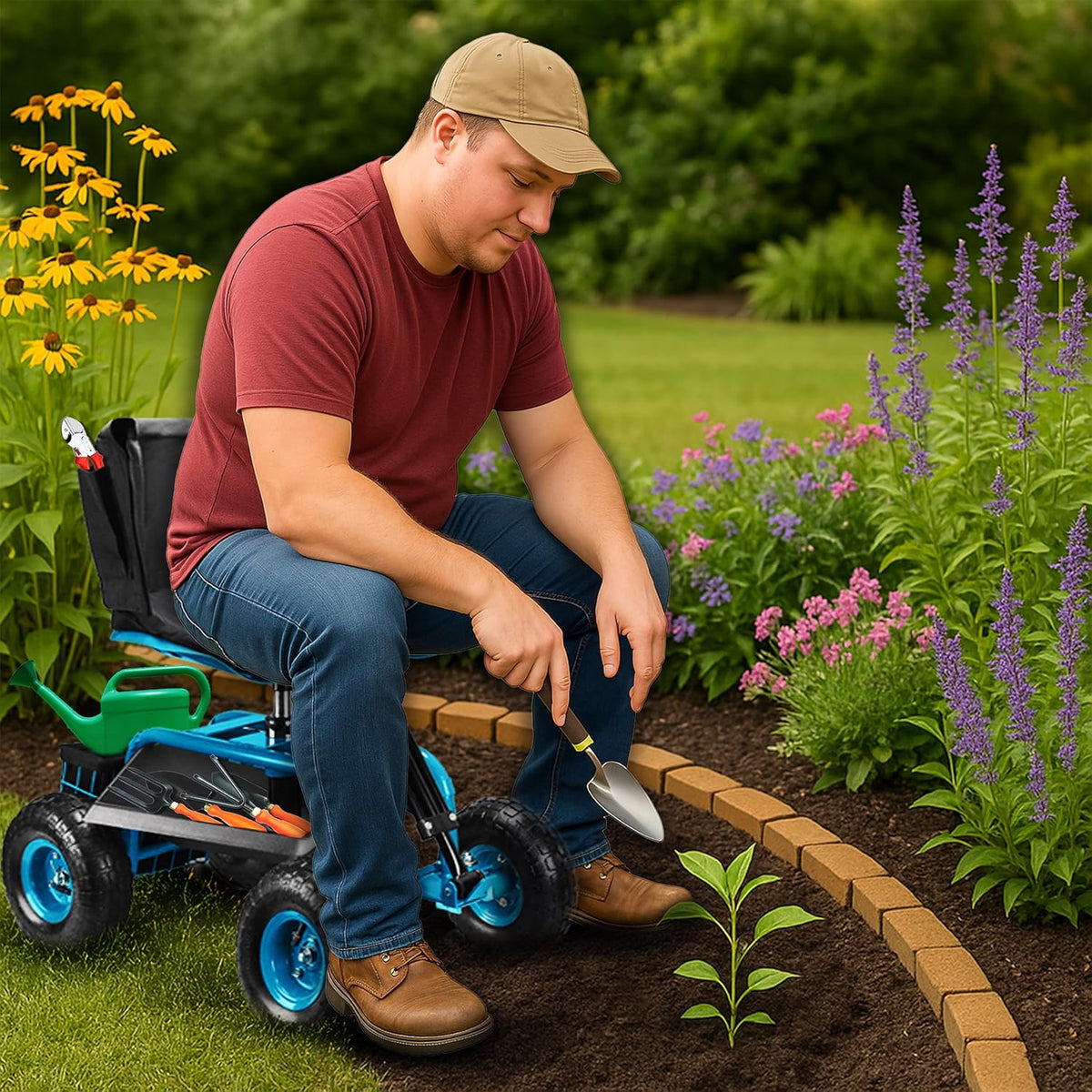 Garden Seat with Wheels – Adjustable 360° Swivel Gardening Stool with Hydraulic Height Adjustment, Ergonomic Backrest, and Tool Storage – Rolling Stool for Garden, Yard, and Outdoor Use