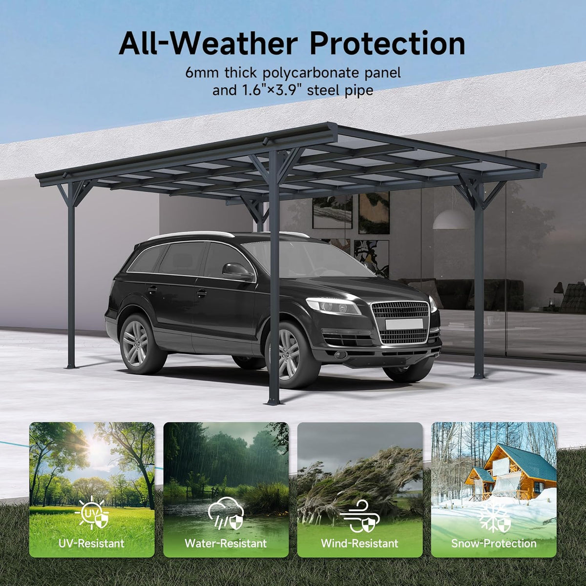 Real Relax 10×16ft Heavy Duty Carport, Pitched-Roof Polycarbonate Panel Canopy, Garage for Trucks, SUVs and Boats, All-Weather Outdoor Storage Car Port, Gray