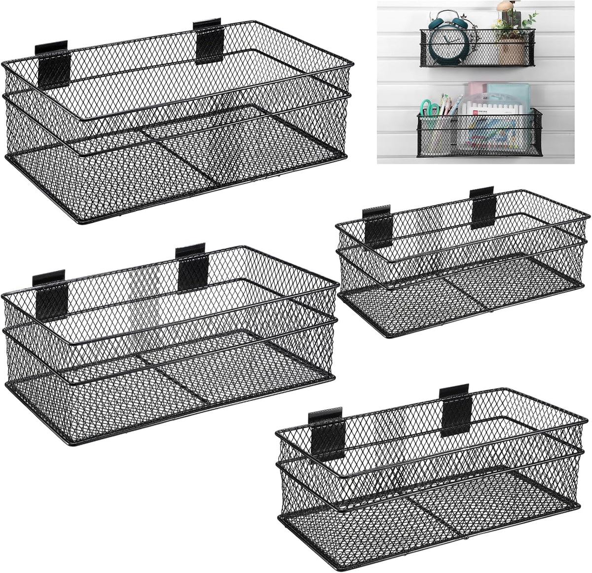 Barydat 4 Pcs Slatwall Basket Set Ventilated Metal Slatwall Basket Hanging Wire Bins Wall Mounted Accessories for Panel Garage Storage Display Organizing(Big Size,Black)