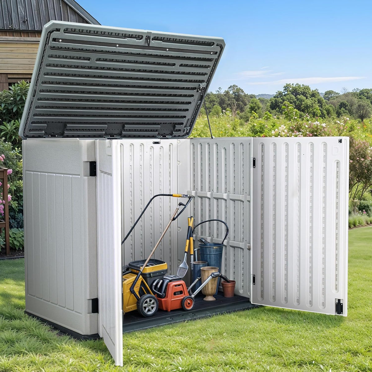 GOOBED 4.5x4ft Outdoor Horizontal Resin Storage Shed, 47 cuft Large Waterproof Tool Shed, No Shelf Included, Lockable, Easy Assembly (Light Gray)