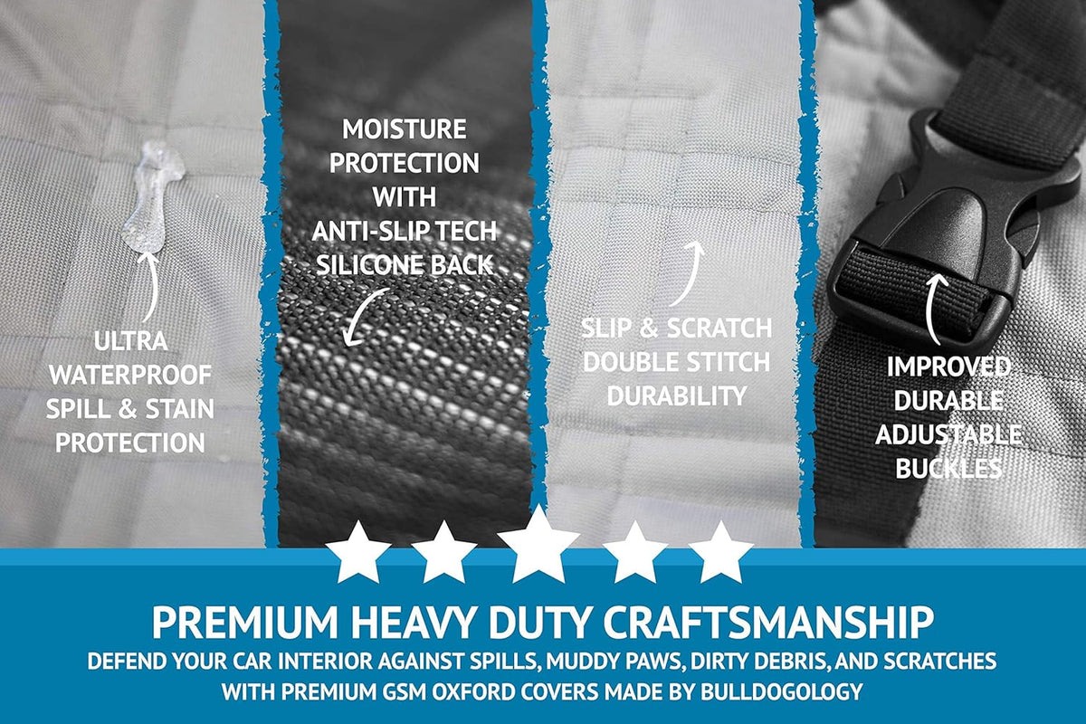 Bulldogology Dog Car Seat Cover Waterproof Heavy Duty Bench Dog Hammock Backseat Protector from Hair, Muddy Paws, Scratches - Pet Car Seat Cover for Cars Trucks SUVs (Large, Grey)