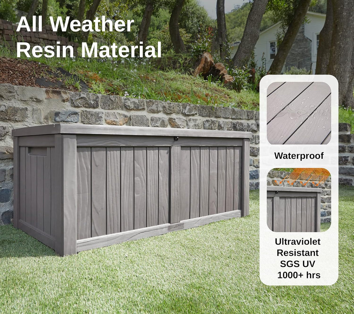 EAST OAK Outdoor Storage Box, 120 Gallon Deck Box with Stainless Steel Rods Large Resin Storage Bin for Patio Cushions, Garden Tools, Waterproof and UV Resistant, Lockable, Grey