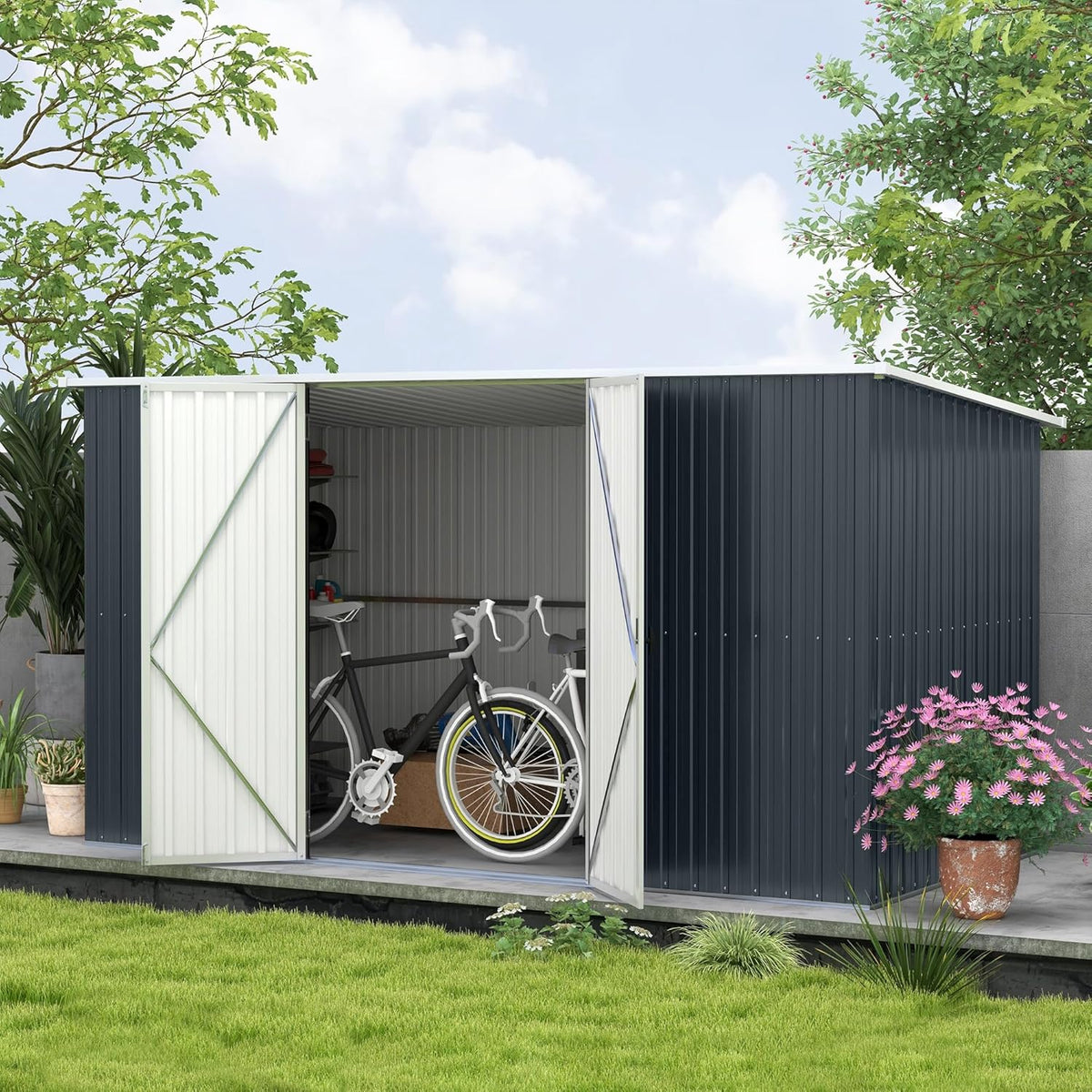 Outsunny 11' x 6' Outdoor Storage Shed, Galvanized Metal Utility Garden Tool House, 2 Vents and Lockable Door for Backyard, Bike, Patio, Garage, Lawn, Dark Gray