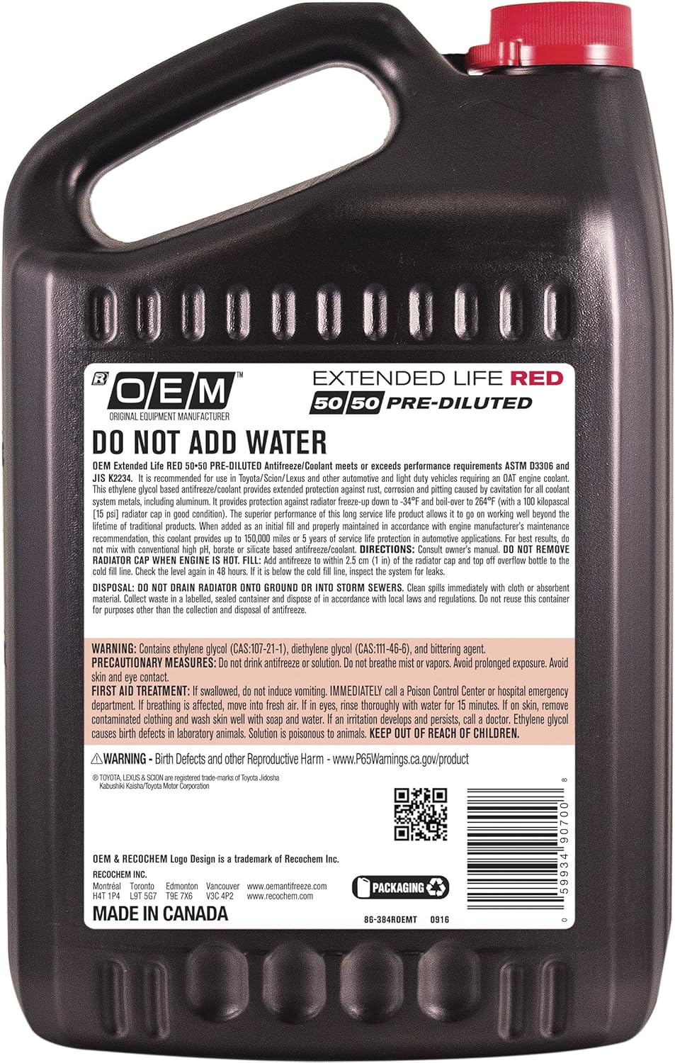 OEM Recochem Asian Vehicles Premium Antifreeze 50/50 Extended Life Coolant RED, 1 Gallon, 4 Pack