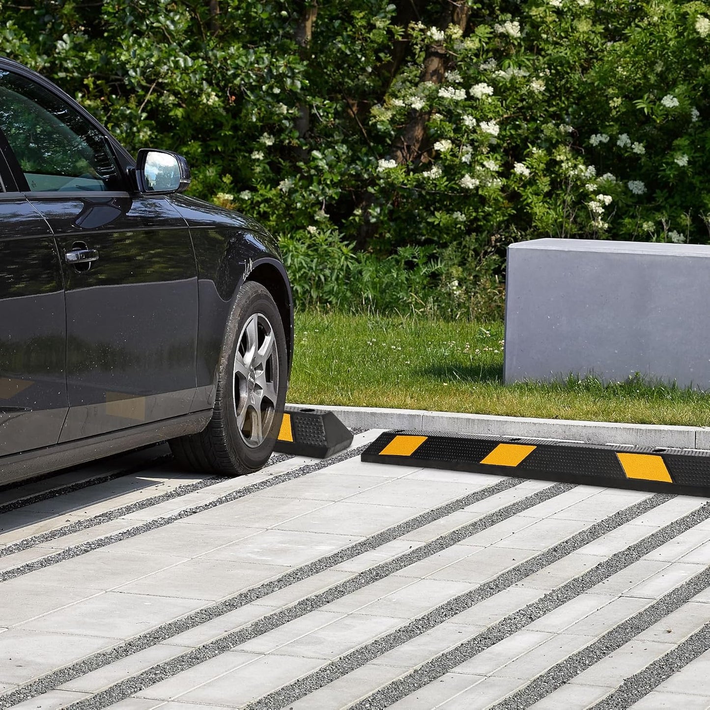 Pack of 2-72" Parking Stoppers for Garage, Heavy Duty Rubber Parking Curb with Reflective Stripe, Garage Floor Wheel Stopper for Car Vehicles Truck, Installation Kit Included