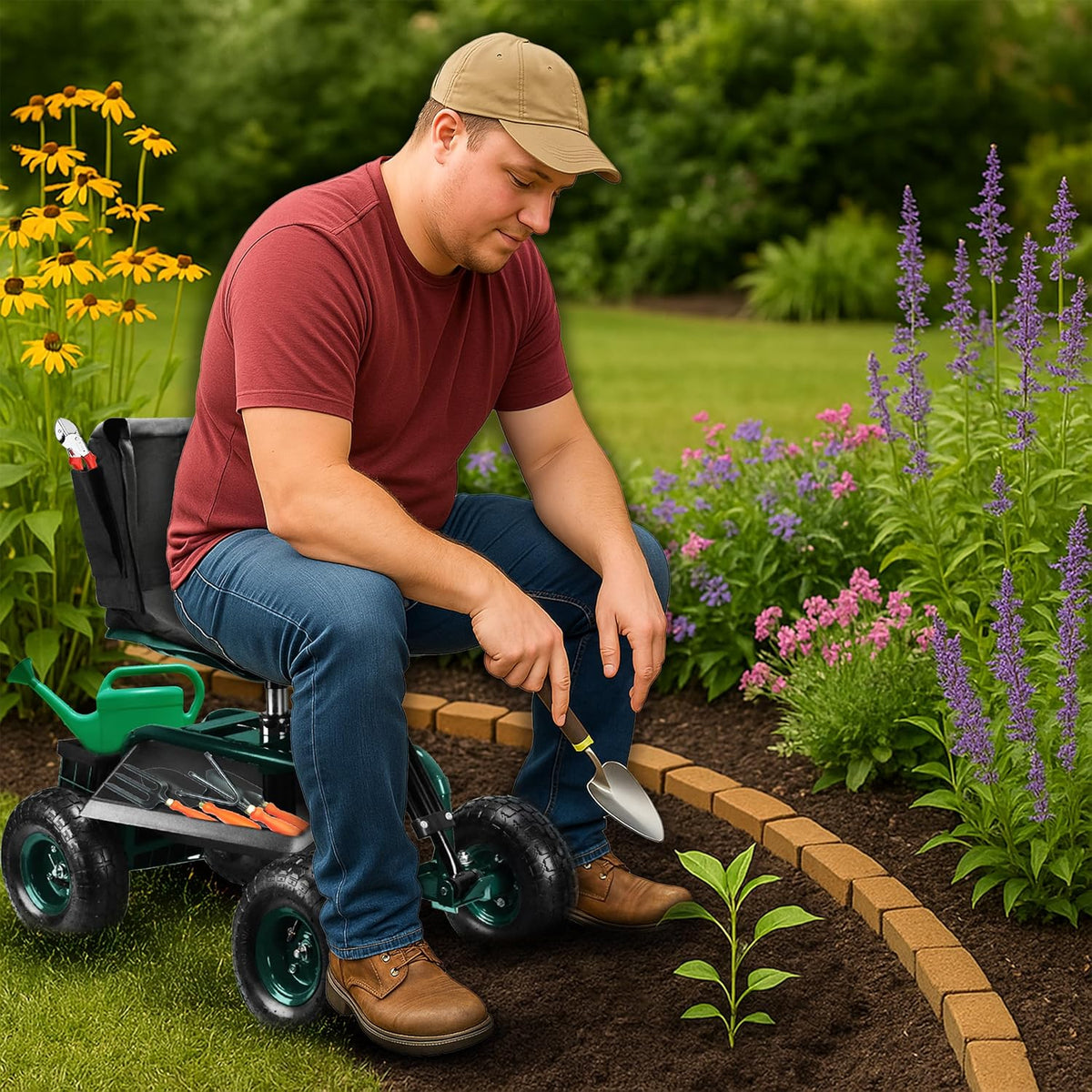 Garden Seat with Wheels – Adjustable 360° Swivel Gardening Stool with Hydraulic Height Adjustment, Ergonomic Backrest, and Tool Storage – Rolling Stool for Garden, Yard, and Outdoor Use
