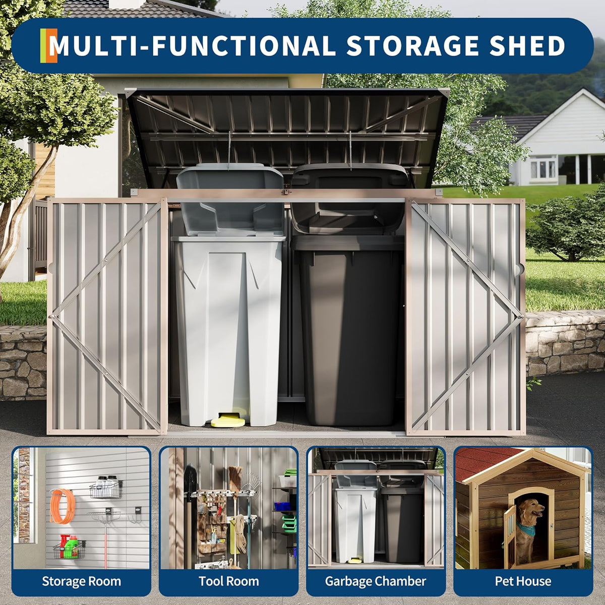 3x6 FT Garbage Bin Shed Stores, Outdoor Trash Can Storage 2 Binsgarbage Bin Storage Shed, Metal Trash Shed Waterproof Outside Storage