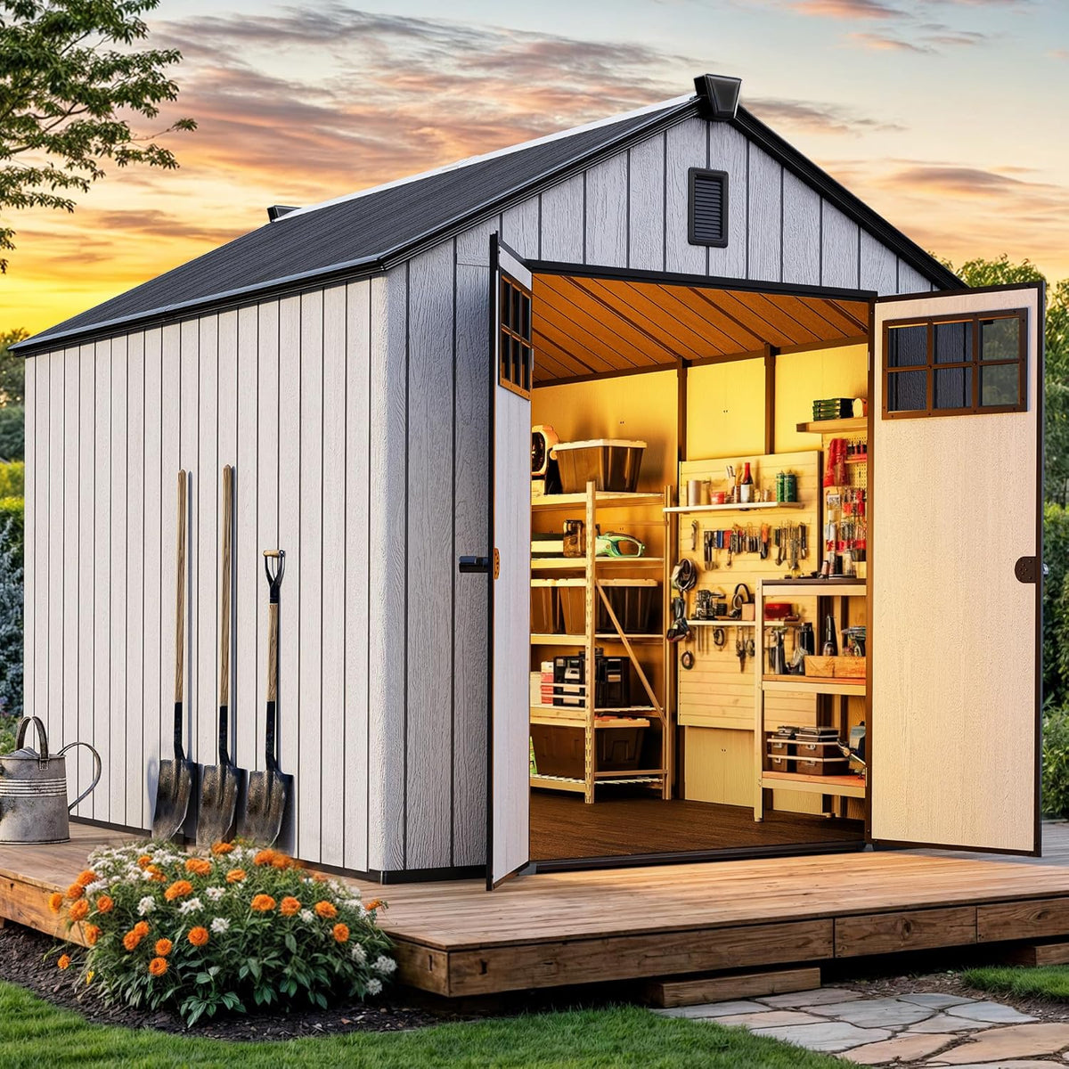 YITAHOME 8x10 FT Outdoor Storage Shed with Floor, Plastic Garden Shed for Bikes, Tools, and Pool Supplies, Outdoor Resin Shed with Lockable Doors, Windows, and Vents for Patio, Lawn, Backyard, Gray