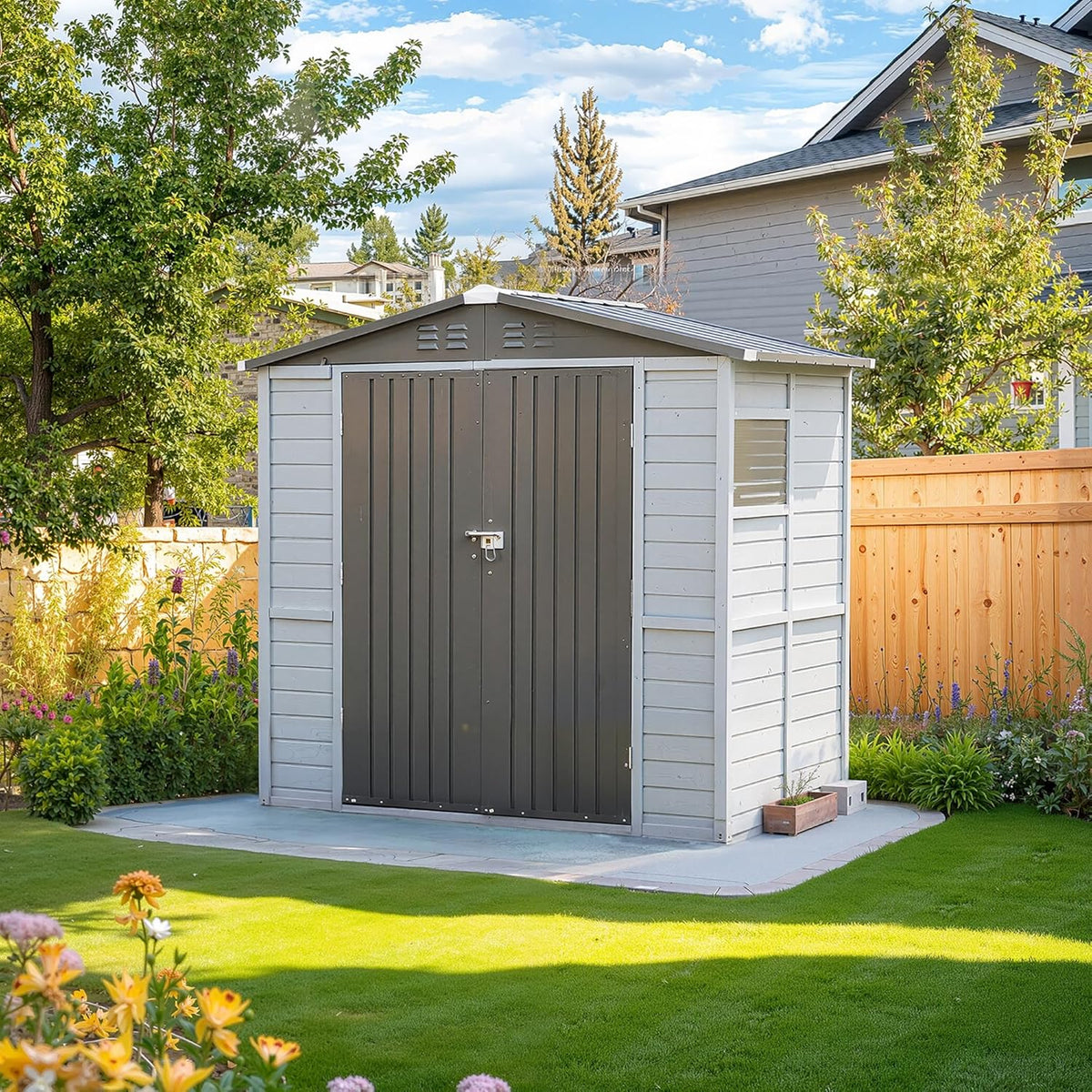 4x6 FT Outdoor Storage Shed with Windows, Wood & Metal Garden Shed, Small Outside Storage Shed Waterproof for Backyard, Garden, Patio, 4 Vents (Without Floor) Gray