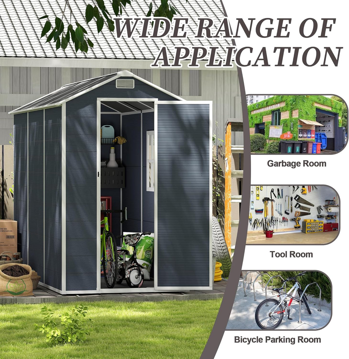 MyVoice 8x4 FT Outdoor Resin Storage Shed with HD Window, Rustproof Waterproof Garden Tool Shed, 12mm Thickened PP Panels, Large Capacity Outdoor Utility House for Backyard Patio (with Floor)