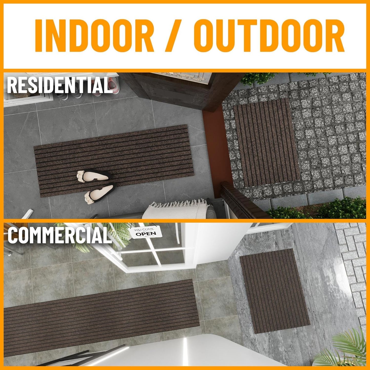 Ottomanson 2' x 5' Hallway Runner with Scraper Pile Extra Durable Non-Slip Rug Mat for Indoor & Outdoor Use - Ideal for Kitchen, Entryway, Patio & Garage - High-Traffic Carpet, Brown
