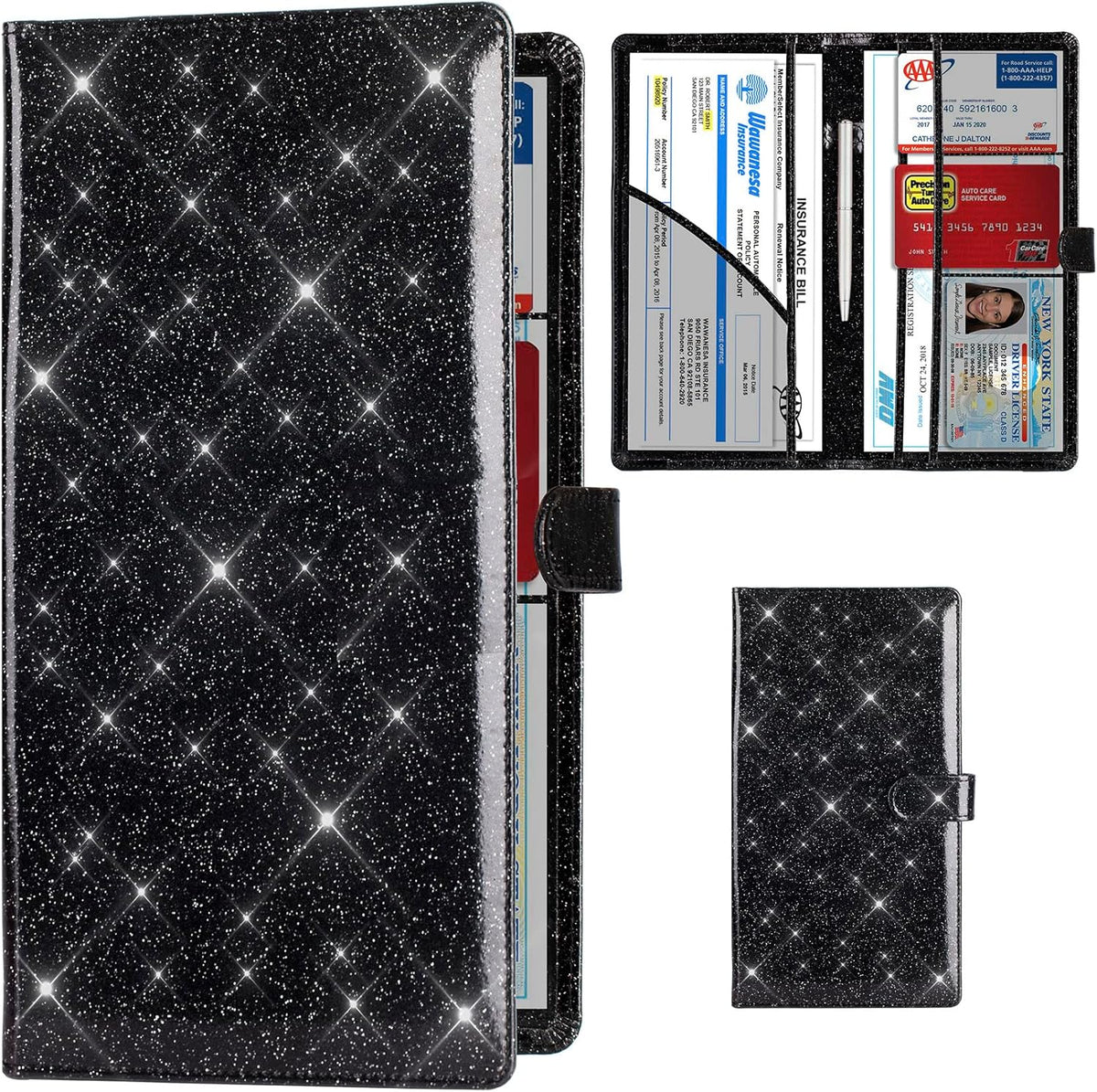TOURSUIT Car Registration and Insurance Card Holder, Vehicle License Document Glove Box Compartment Organizer, Interior Car Accessories for Women Men (Glitter Black)