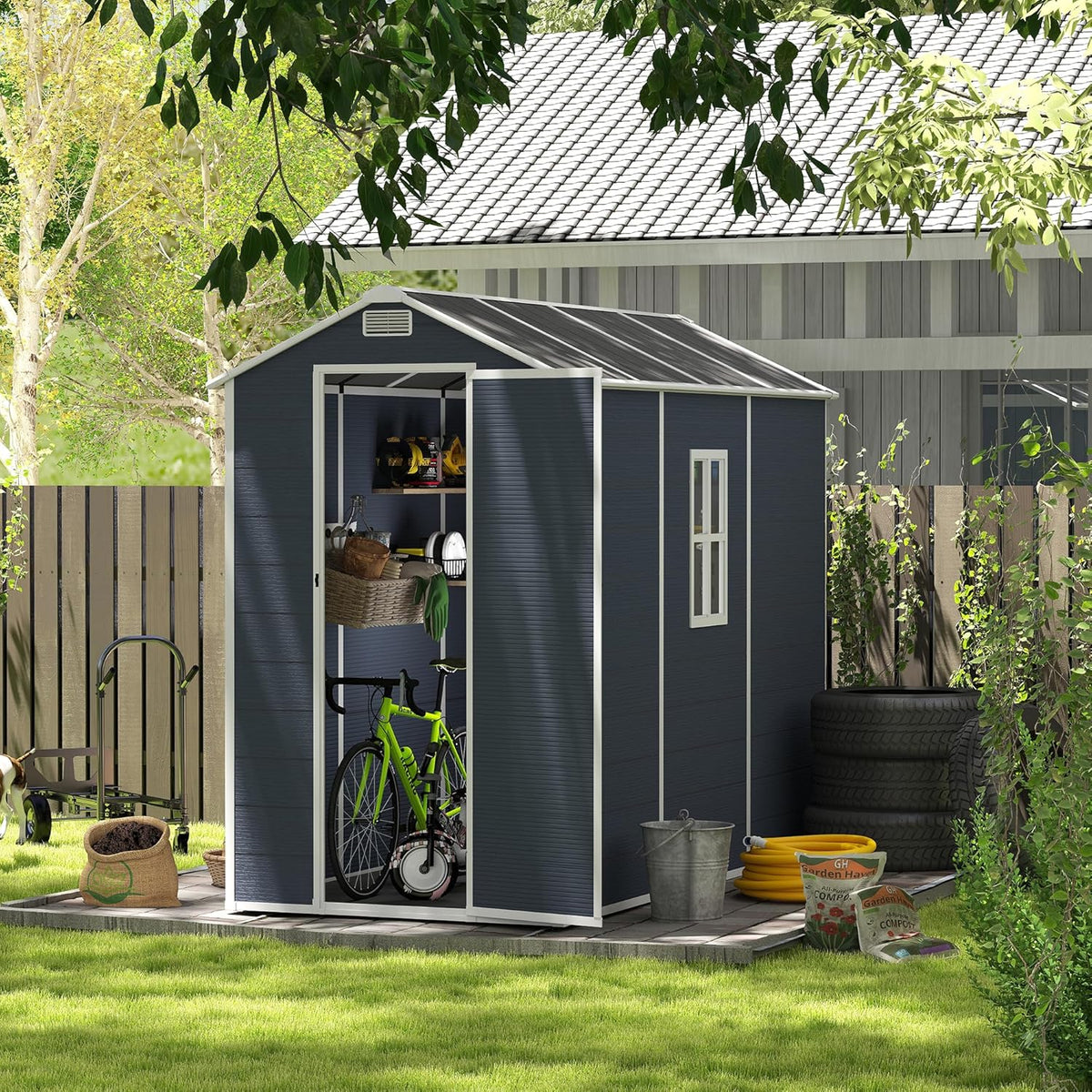MyVoice 8x4 FT Outdoor Resin Storage Shed with HD Window, Rustproof Waterproof Garden Tool Shed, 12mm Thickened PP Panels, Large Capacity Outdoor Utility House for Backyard Patio (with Floor)