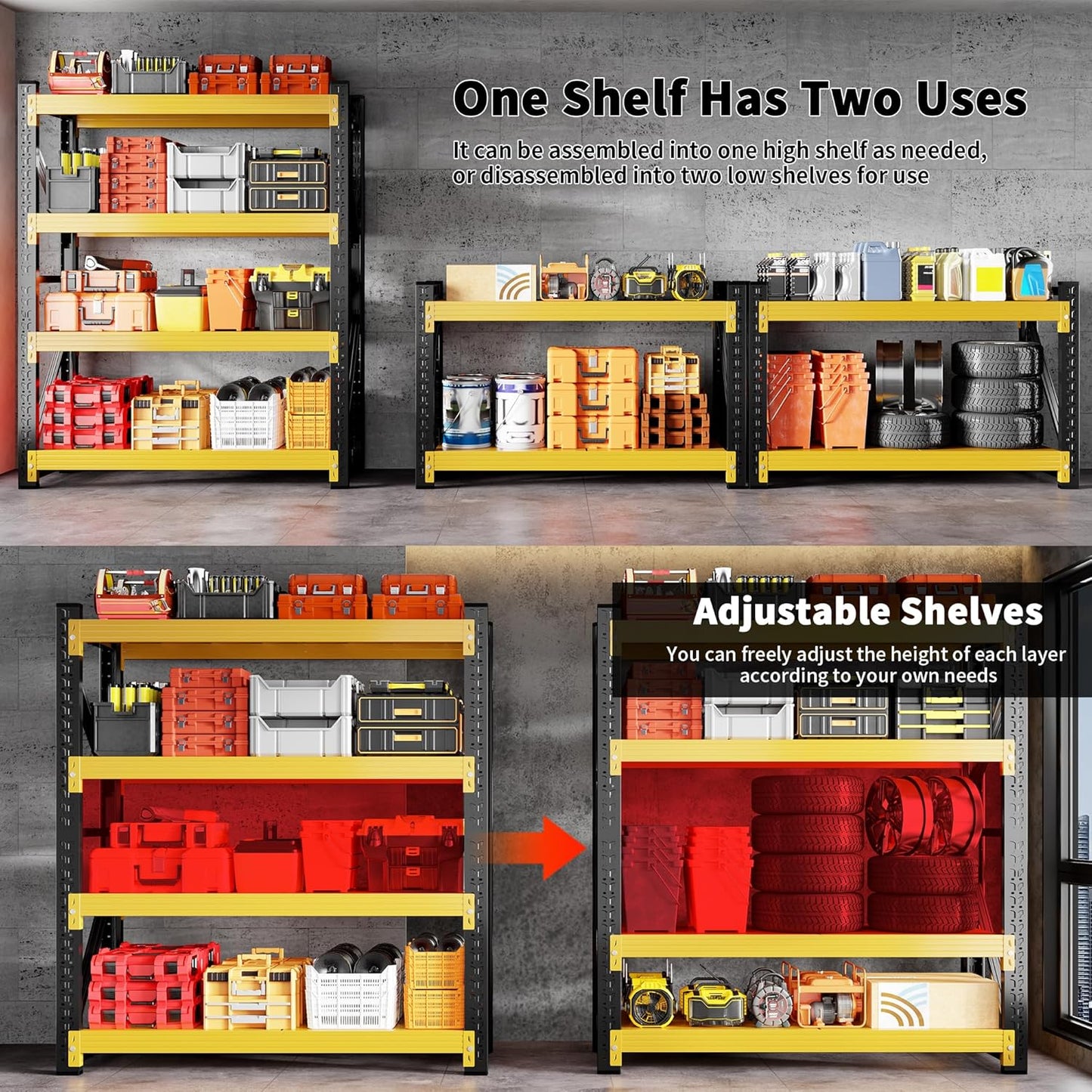 5000LBS Garage Shelving 59" W Garage Shelving Heavy Duty 4-Tier Metal Storage Shelves Adjustable Shelf Unit Storage Rack for Basement Supermarket Warehouse 59" W x 20" D x 78" H Yellow