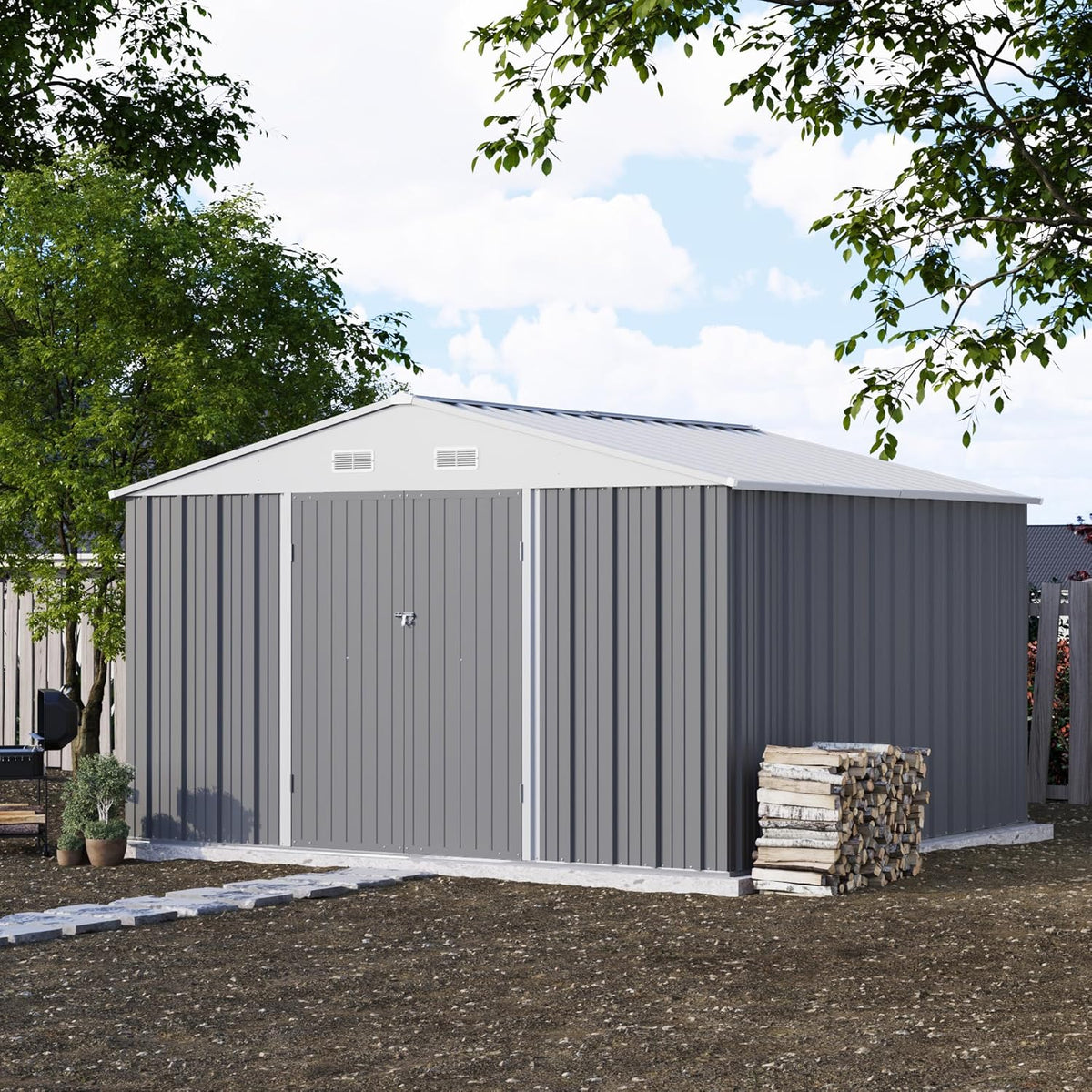 Patiowell 10 x 10 FT Outdoor Storage Shed with Floor Frame, Metal Yard Shed with Design of Lockable Doors, Utility and Tool Storage for Garden, Patio, Backyard, Outside use, Gray