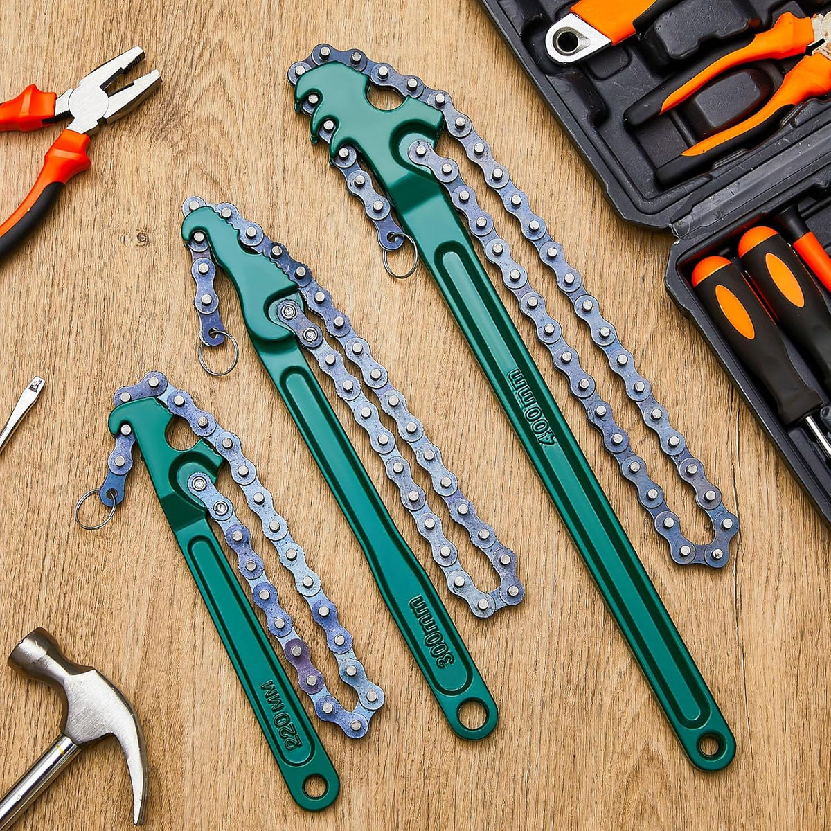 Lasnten 3 Pcs Large Reversible Chain Oil Filter Wrench with 12 16 9 Inch Chain Wrench Adjustable Heavy Duty Carbon Steel Sturdy Pipe Fitting Tool Spanner for Ratcheting Universal(Green)