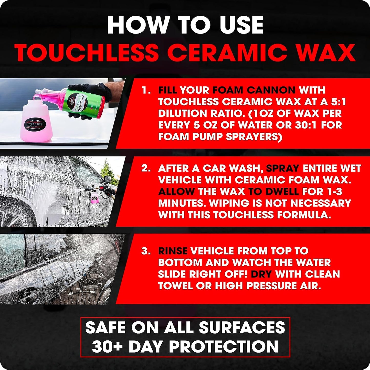 Swift Touchless Ceramic Foamable Wax (32 Oz) – Spray On/Rinse Off For High-Gloss, Hydrophobic Protective Layer | For Foam Cannon & Foam Pump Sprayer After Car Wash | Wax Cars, Trucks, RV’s & More!
