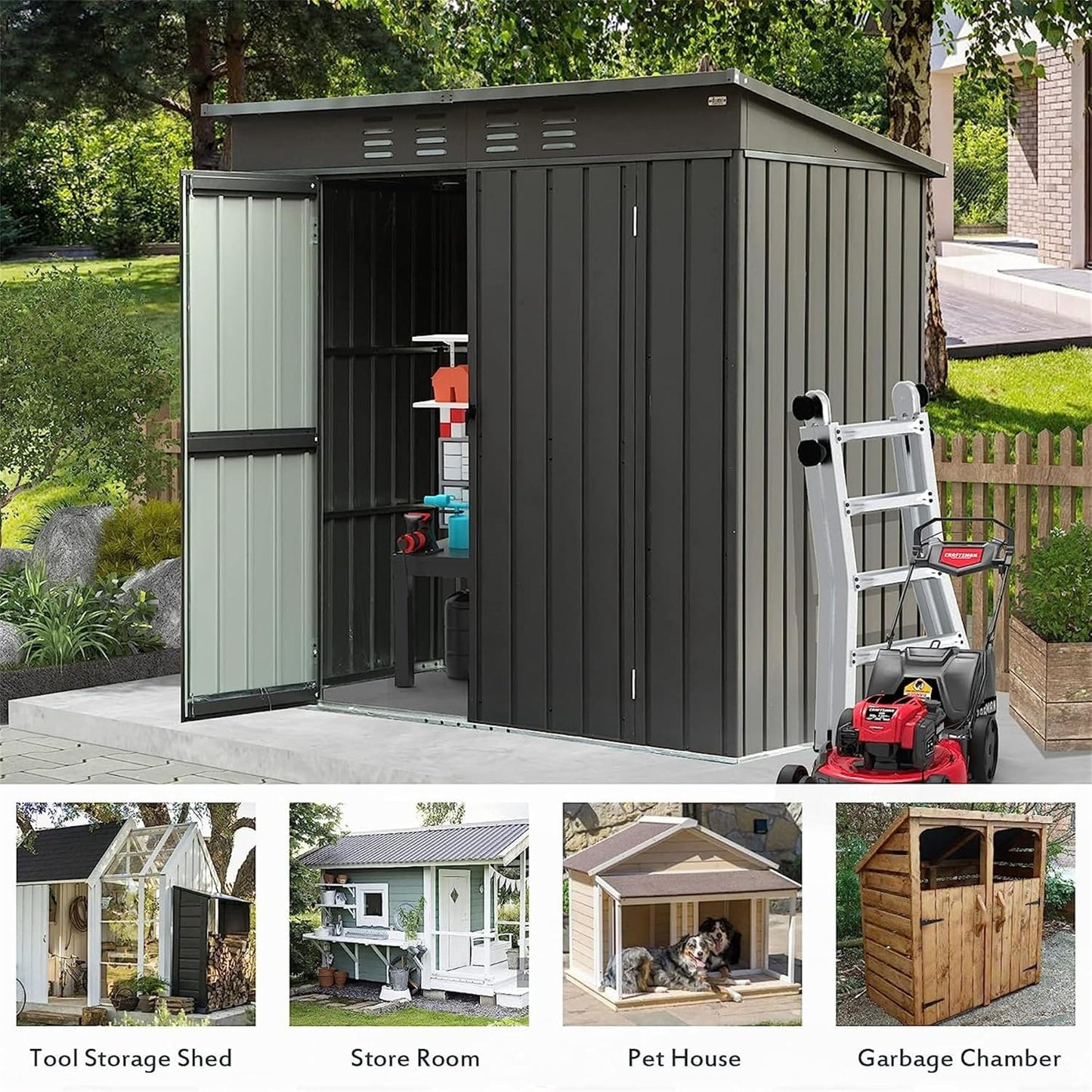 IKERY Galvanized Steel Garden Shed 6' x 4' with Sloping Roof & Lockable Door - Metal Utility Storage Shed for Backyard Tools - Dark Gray