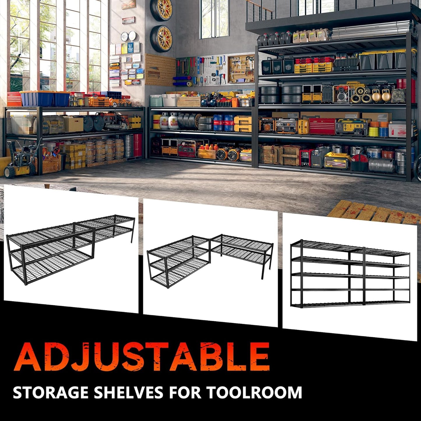 REIBII 60" W Garage Shelving Heavy Duty Metal Shelving 3000LBS Storage Shelves Adjustable Metal Shelves for Storage Industrial Garage Shelves for Warehouse Basement 60" W x 24" D x 72" H